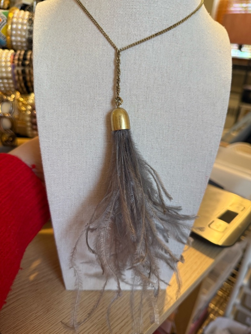 J. Crew Gold Chain Necklace with Gray Feather Tassel